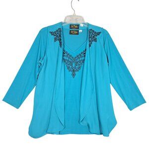 Bob Mackie Wearable Art Blouse Top & Vest Embroidered 2-Pc Set Blue Womens S